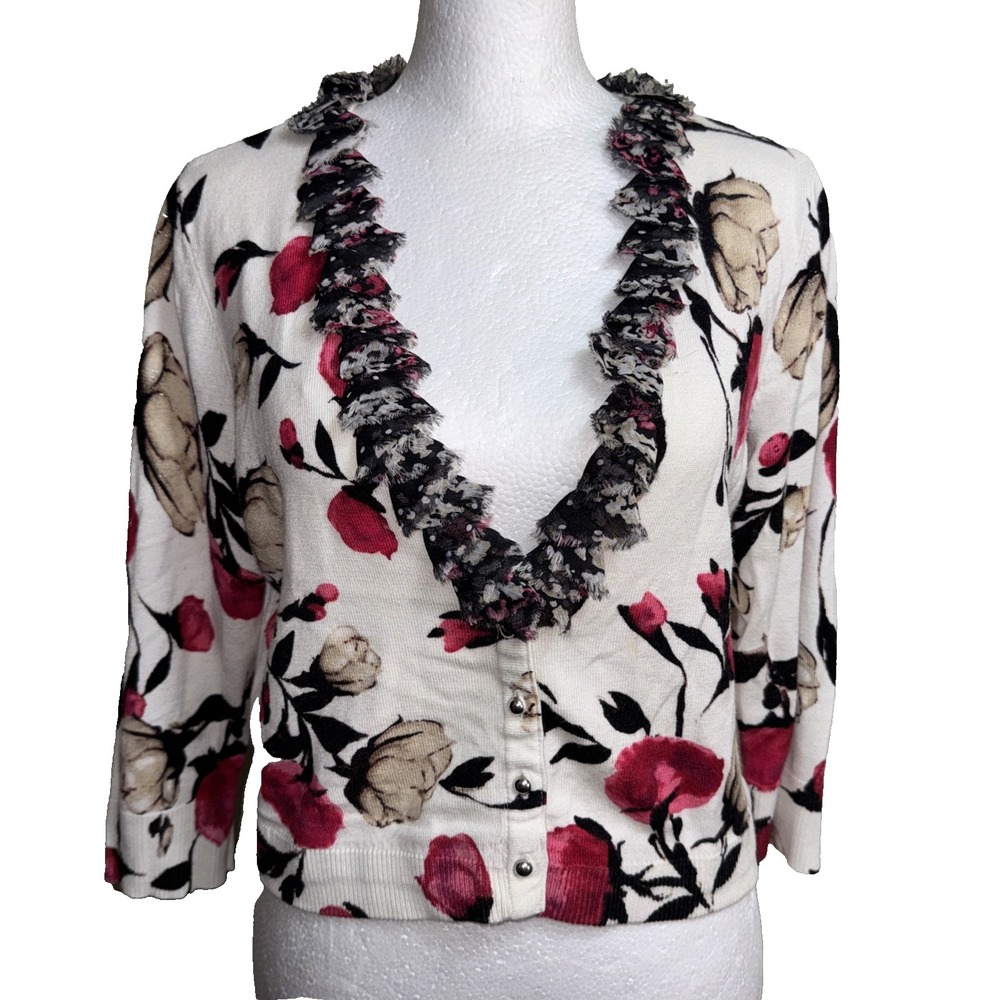 WHBM Cardigan Large Womens White Pink Rose Floral Ruffle V Neck‎ Cropped Sweater